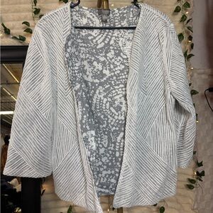 Chico's Reversible Light Gray & White Striped Open-Front Cardigan